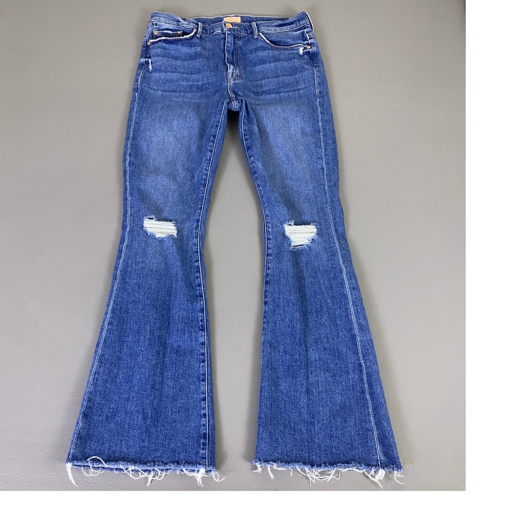 MOTHER Blue Distressed Flare Jeans